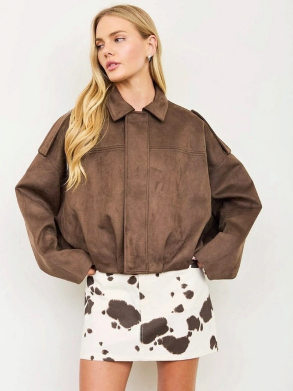 Faux Suede Epaulet Collared zip up Cropped Jacket